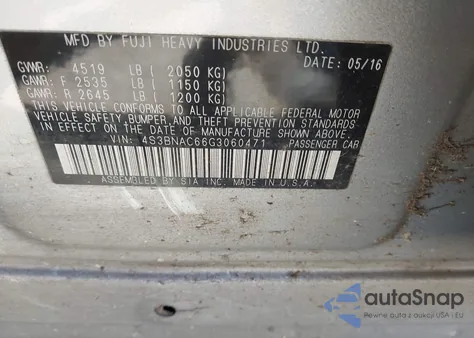 2016 Subaru Legacy 2.5I Premium from USA, damaged, VIN 4S3BNAC66G3060471